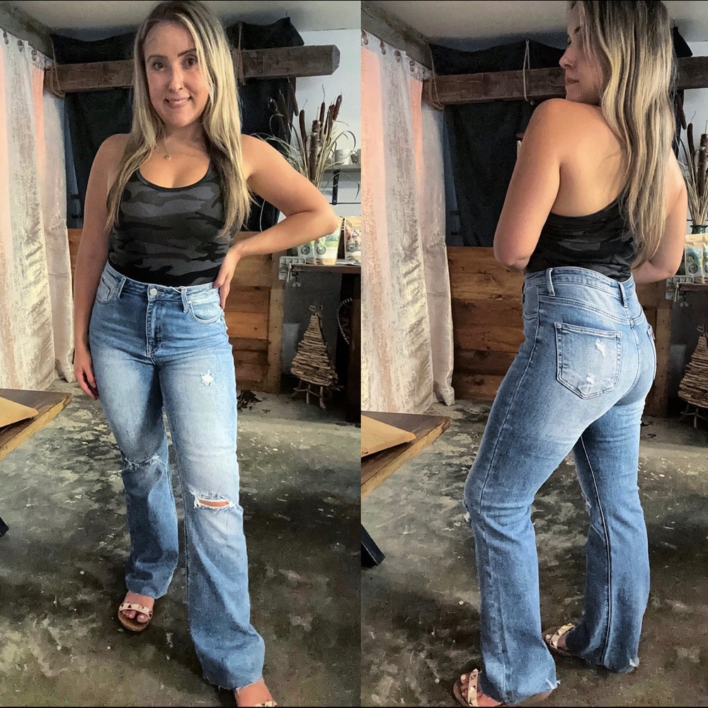 Believe In Yourself High Rise Distressed Flare Risen Denim Jeans